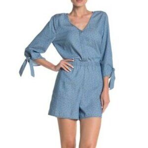 NEW Susina L V-Neck Chambray Romper Tie 3/4 Sleeve